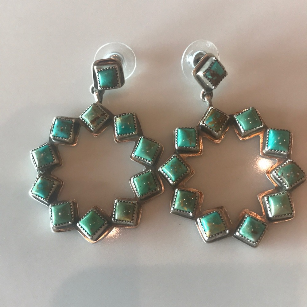 Turquoise & Silver Hoop Dangle Earrings